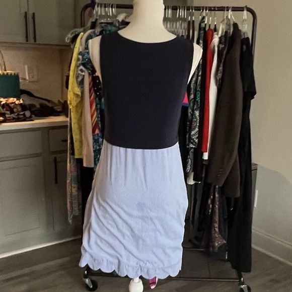 crown & ivy Tank Dress Blue Bodice and Blue and White Striped Scalloped Skirt PS - Picture 5 of 8